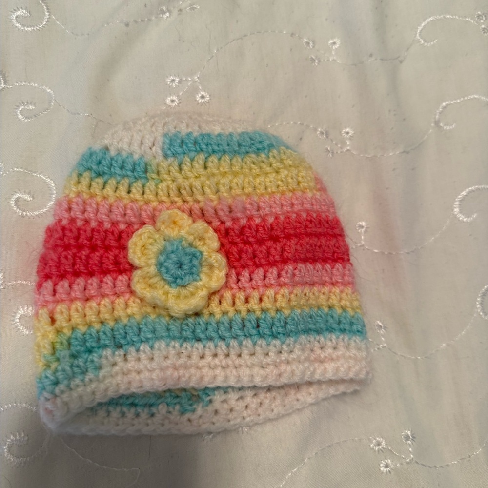 Colorful Striped Kids Beanie with Flower Detail